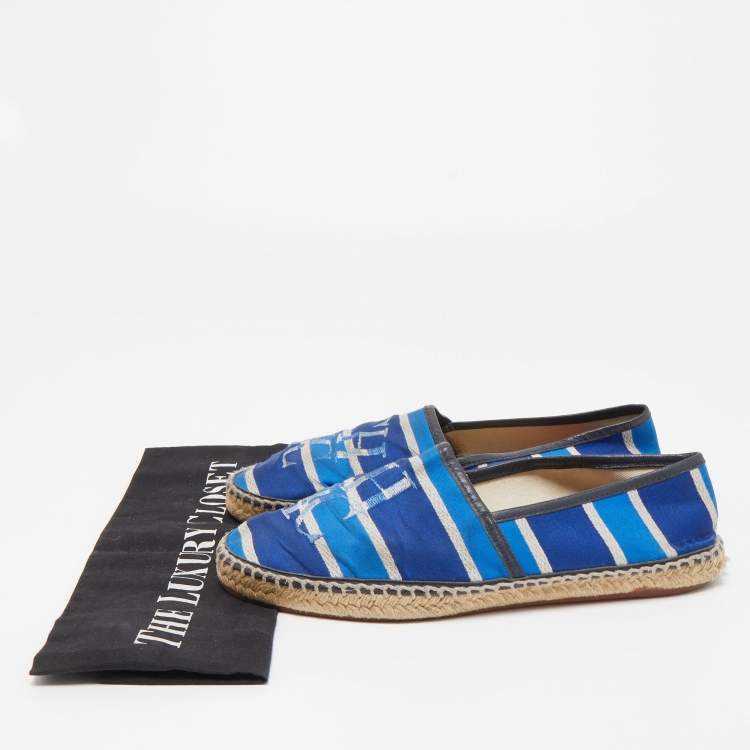 Pre Owned CH Carolina Herrera Blue Canvas Striped Espadrille Flats Size 37