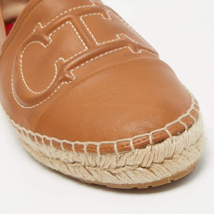 Pre Owned CH Carolina Herrera Brown Leather Espadrille Flats Size 38