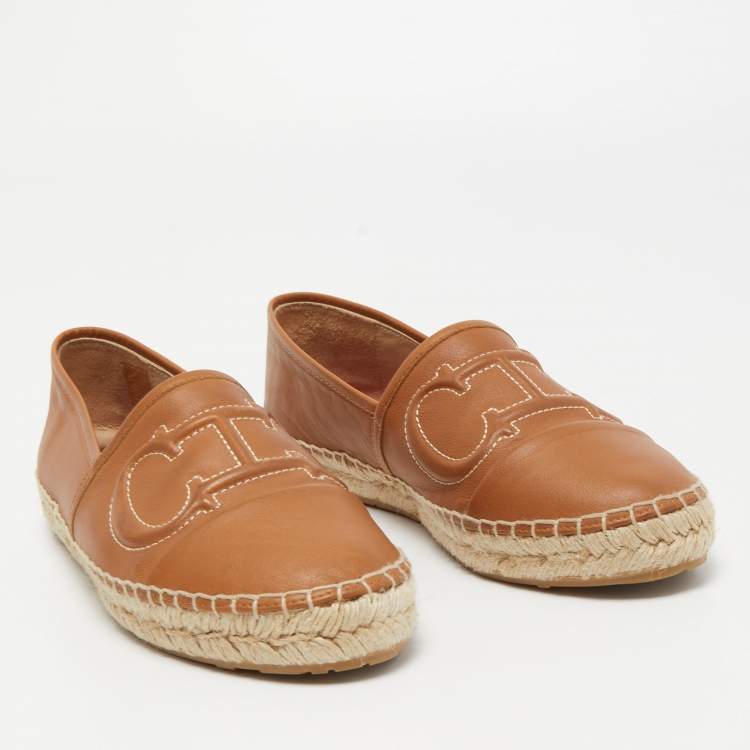 Pre Owned CH Carolina Herrera Brown Leather Espadrille Flats Size 38