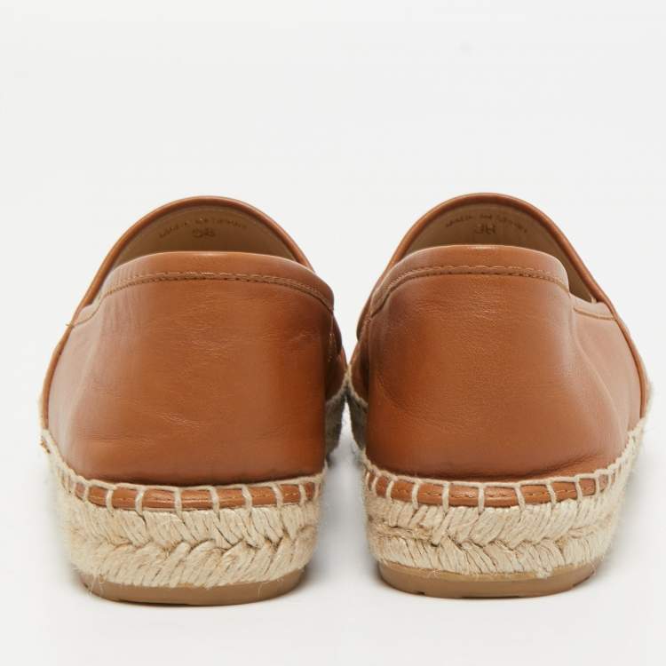 Pre Owned CH Carolina Herrera Brown Leather Espadrille Flats Size 38