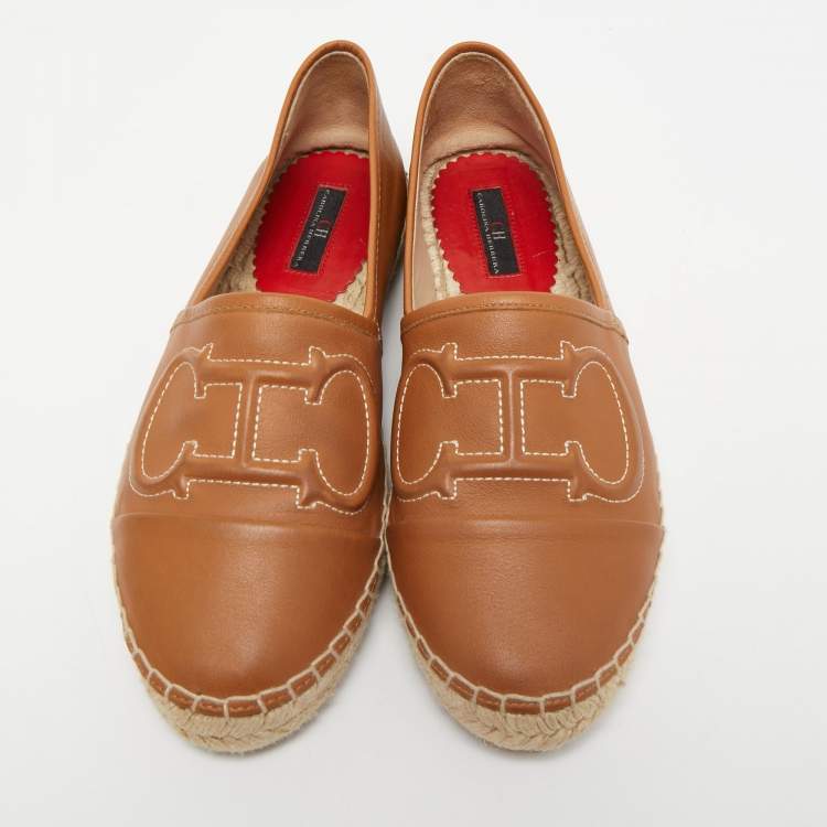 Pre Owned CH Carolina Herrera Brown Leather Espadrille Flats Size 38