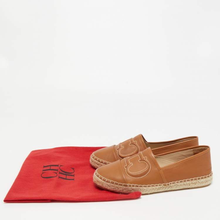 Pre Owned CH Carolina Herrera Brown Leather Espadrille Flats Size 38