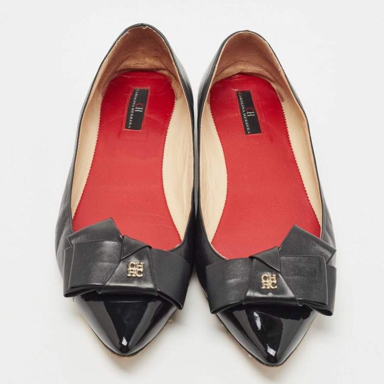 Pre Owned CH Carolina Herrera Black Leather Bow Ballet Flats Size 38