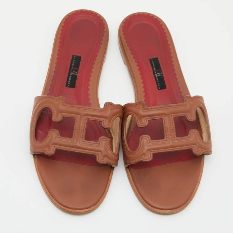 Pre Owned CH Carolina Herrera Brown Leather Insignia Cut Out Flat Slides Size 40