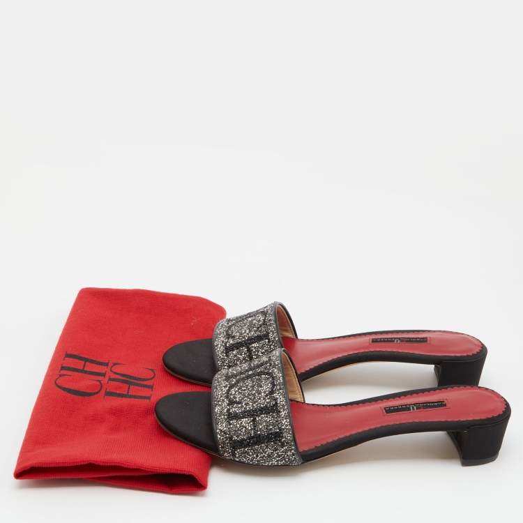 Pre Owned CH Carolina Herrera Silver/Black Satin Crystals Embellished Slide Sandals Size 39