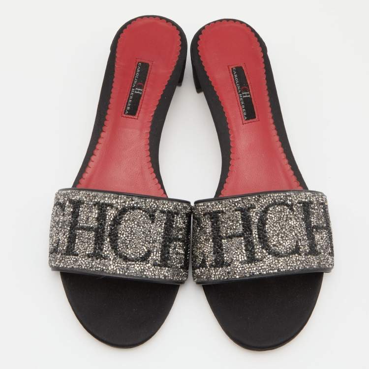 Pre Owned CH Carolina Herrera Silver/Black Satin Crystals Embellished Slide Sandals Size 39