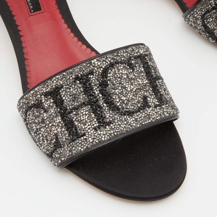 Pre Owned CH Carolina Herrera Silver/Black Satin Crystals Embellished Slide Sandals Size 39
