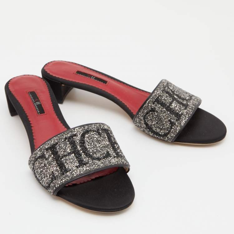 Pre Owned CH Carolina Herrera Silver/Black Satin Crystals Embellished Slide Sandals Size 39