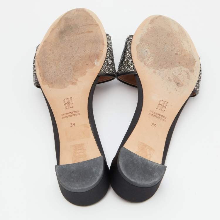 Pre Owned CH Carolina Herrera Silver/Black Satin Crystals Embellished Slide Sandals Size 39
