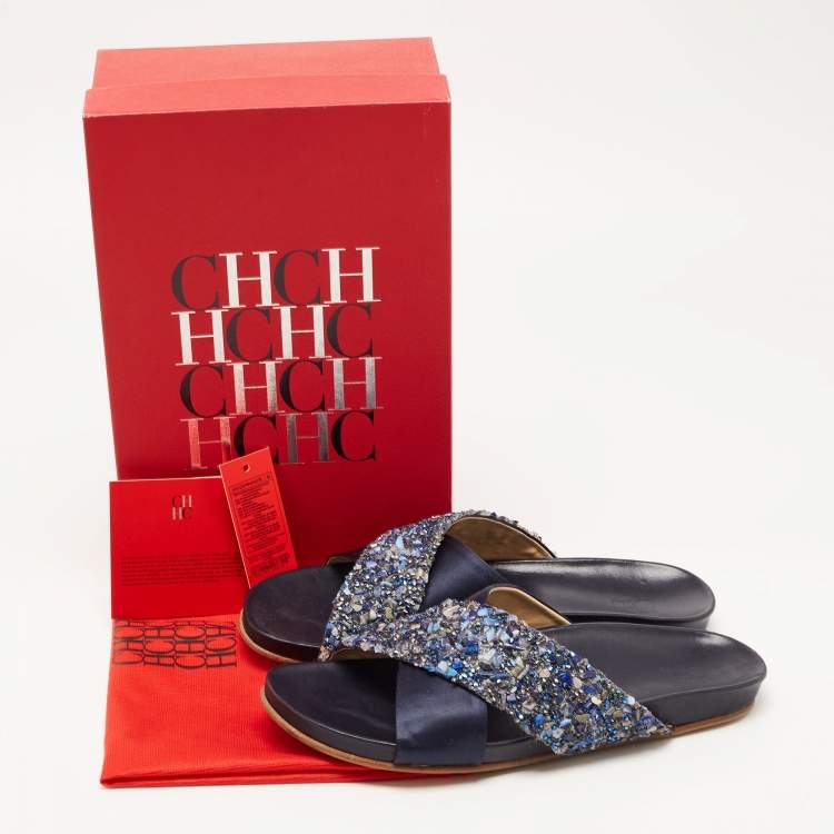 Pre Owned CH Carolina Herrera Navy Blue Satin and Crystal Cross Strap Flat Slides Size 40
