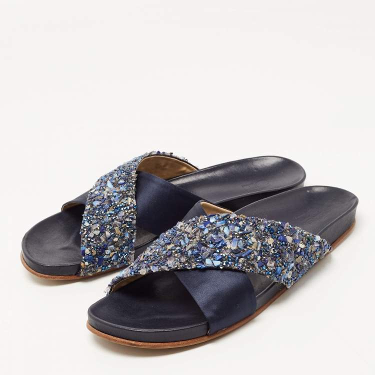 Pre Owned CH Carolina Herrera Navy Blue Satin and Crystal Cross Strap Flat Slides Size 40