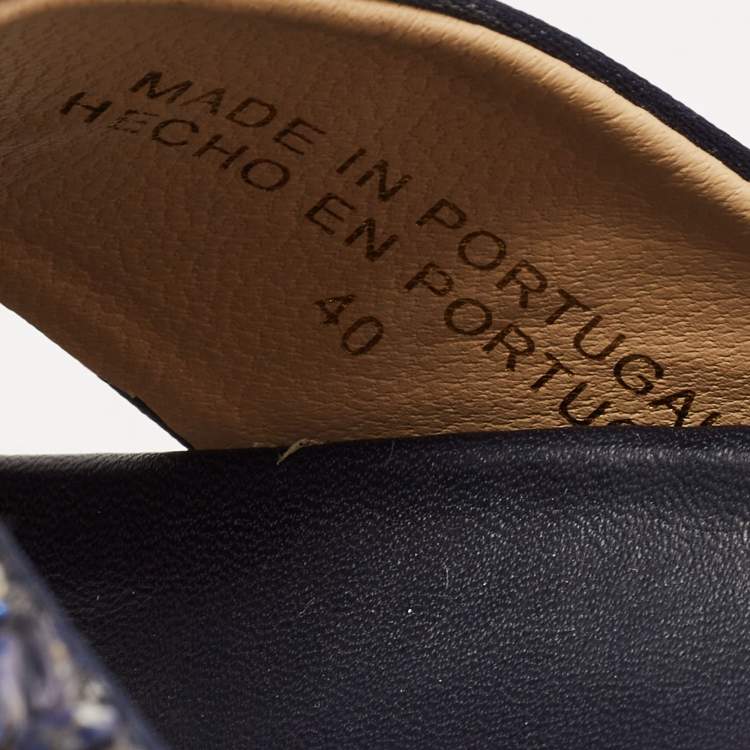 Pre Owned CH Carolina Herrera Navy Blue Satin and Crystal Cross Strap Flat Slides Size 40