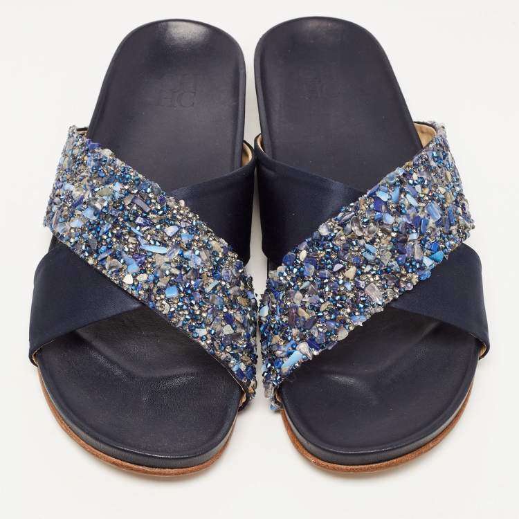 Pre Owned CH Carolina Herrera Navy Blue Satin and Crystal Cross Strap Flat Slides Size 40