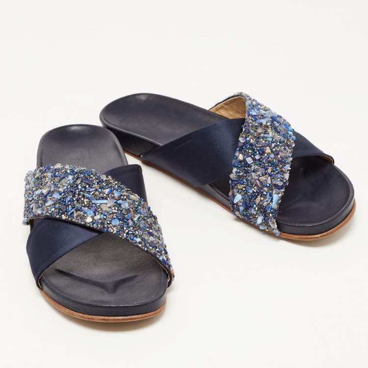 Pre Owned CH Carolina Herrera Navy Blue Satin and Crystal Cross Strap Flat Slides Size 40
