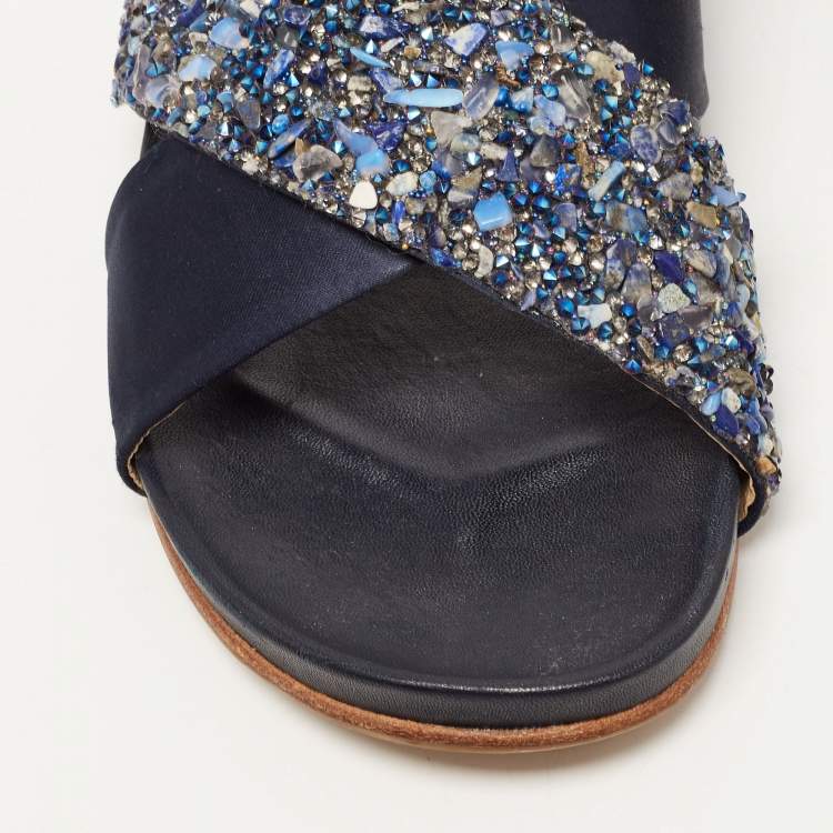 Pre Owned CH Carolina Herrera Navy Blue Satin and Crystal Cross Strap Flat Slides Size 40
