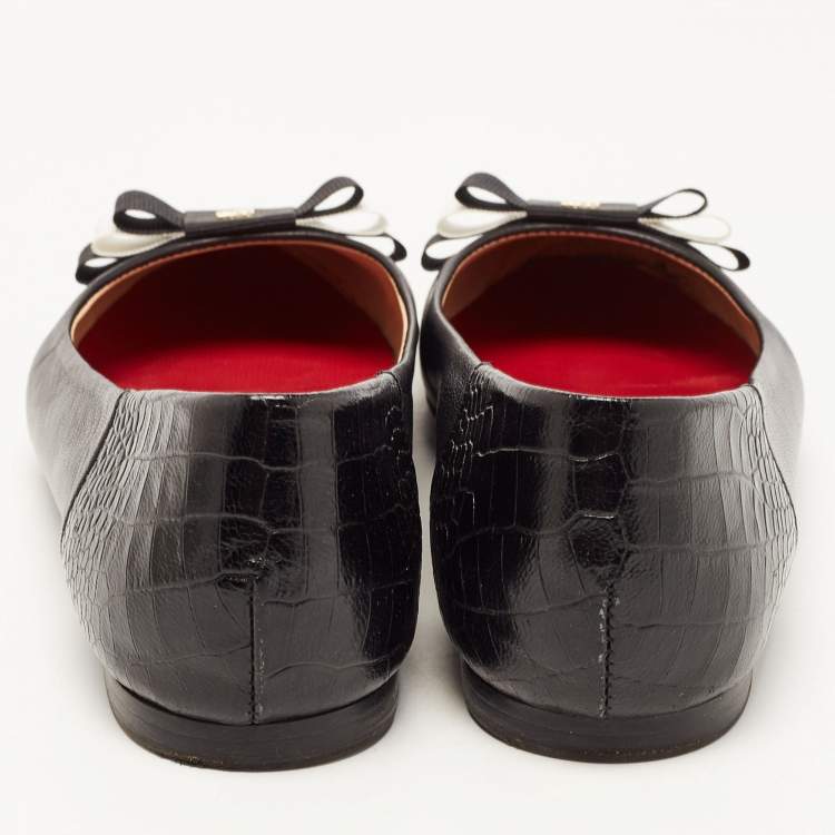 Pre Owned CH Carolina Herrera Black Croc Embossed and Leather Bow Ballet Flats Size 37