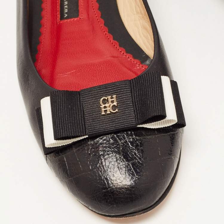 Pre Owned CH Carolina Herrera Black Croc Embossed and Leather Bow Ballet Flats Size 37