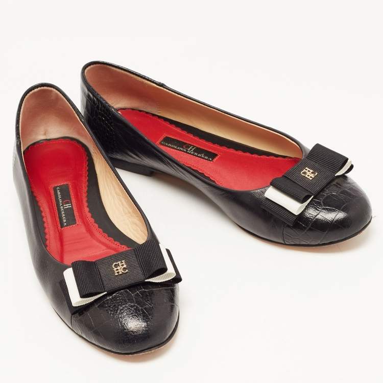 Pre Owned CH Carolina Herrera Black Croc Embossed and Leather Bow Ballet Flats Size 37
