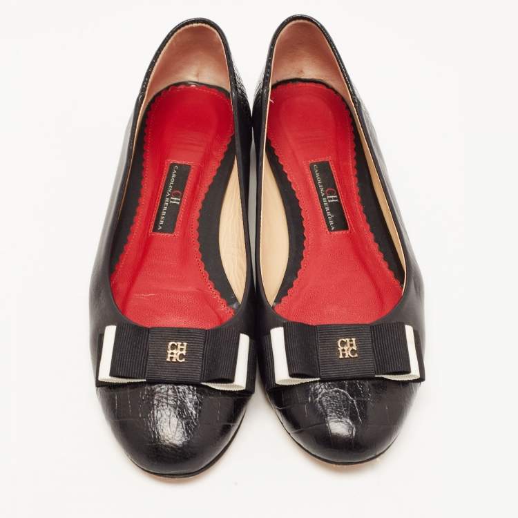 Pre Owned CH Carolina Herrera Black Croc Embossed and Leather Bow Ballet Flats Size 37