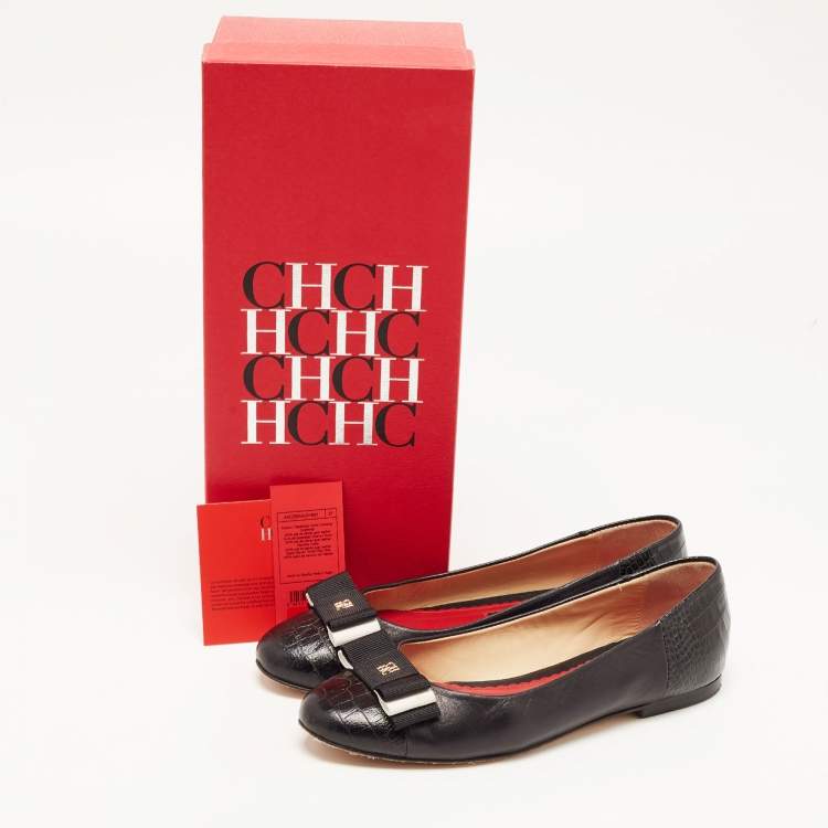 Pre Owned CH Carolina Herrera Black Croc Embossed and Leather Bow Ballet Flats Size 37