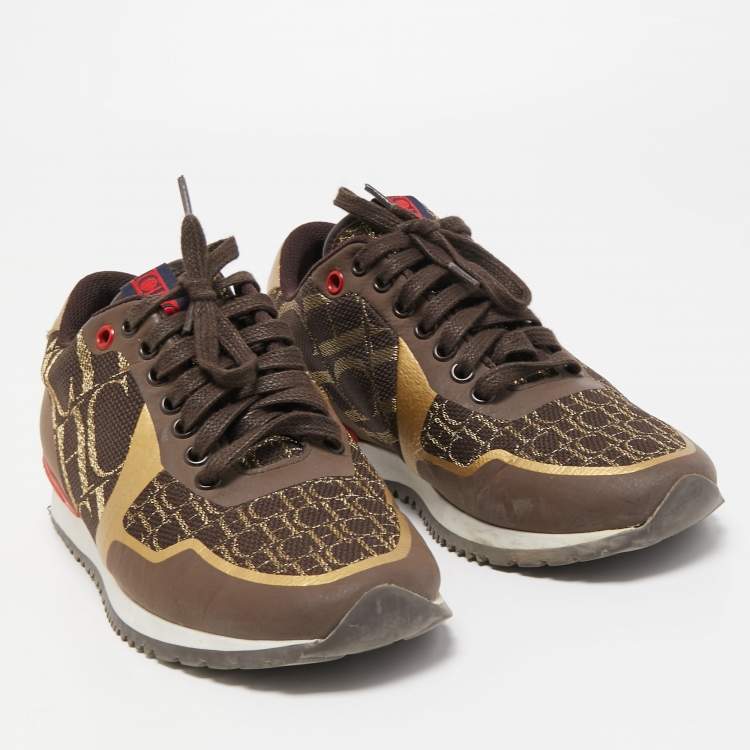 Pre Owned CH Carolina Herrera Brown/Gold Leather and Canvas Low Top Sneakers Size 37