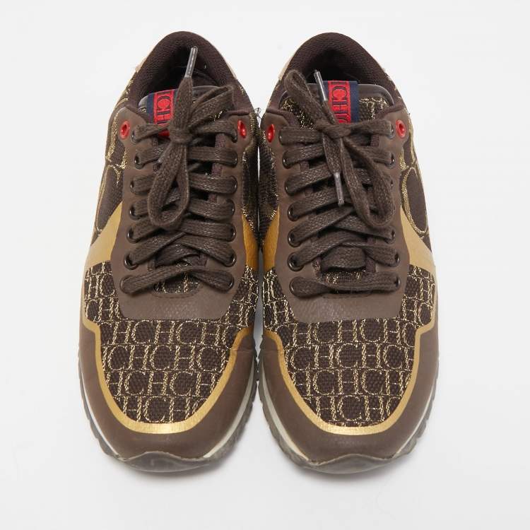Pre Owned CH Carolina Herrera Brown/Gold Leather and Canvas Low Top Sneakers Size 37