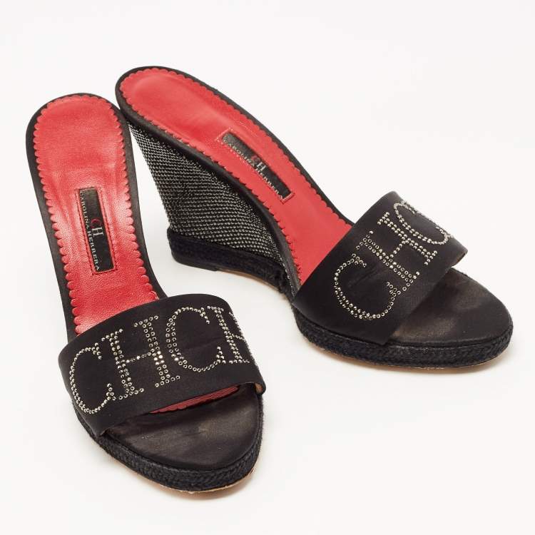 Pre Owned CH Carolina Herrera Black Satin Studded Wedge Sandals Size 38