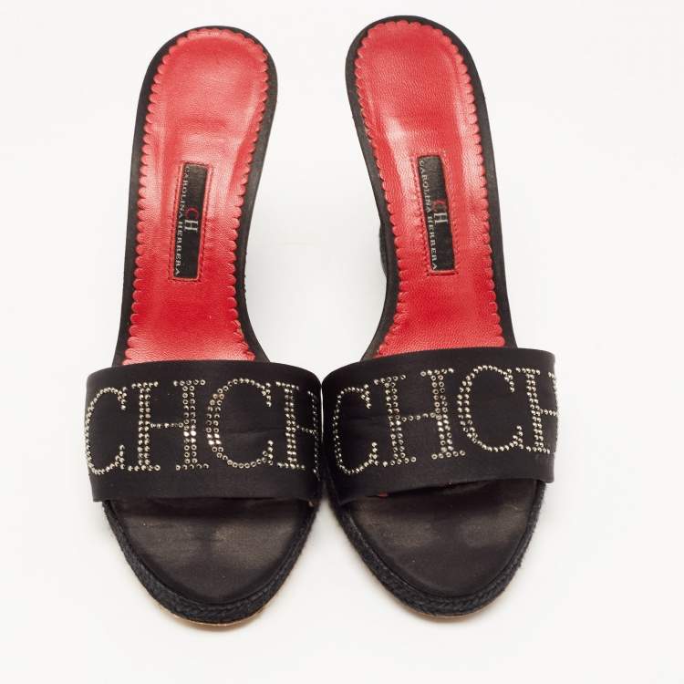 Pre Owned CH Carolina Herrera Black Satin Studded Wedge Sandals Size 38