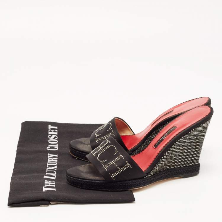 Pre Owned CH Carolina Herrera Black Satin Studded Wedge Sandals Size 38