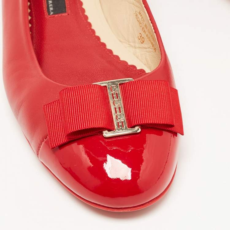 Pre Owned CH Carolina Herrera Red Leather and Patent Cap Toe Bow Ballet Flats Size 39