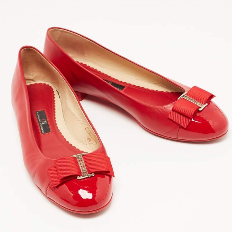 Pre Owned CH Carolina Herrera Red Leather and Patent Cap Toe Bow Ballet Flats Size 39