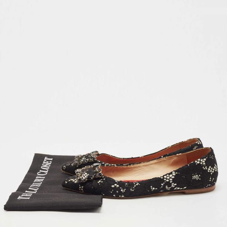 Pre Owned CH Carolina Herrera Black Lace Crystal Embellished Buckle Ballet Flats Size 37
