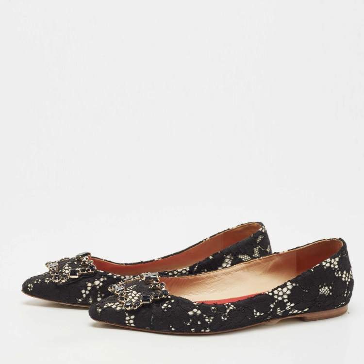 Pre Owned CH Carolina Herrera Black Lace Crystal Embellished Buckle Ballet Flats Size 37