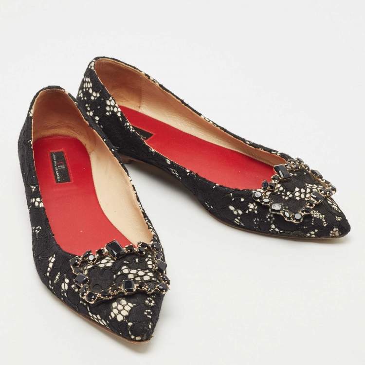 Pre Owned CH Carolina Herrera Black Lace Crystal Embellished Buckle Ballet Flats Size 37