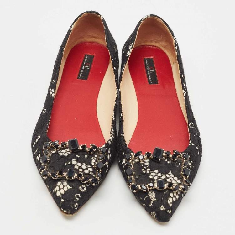 Pre Owned CH Carolina Herrera Black Lace Crystal Embellished Buckle Ballet Flats Size 37