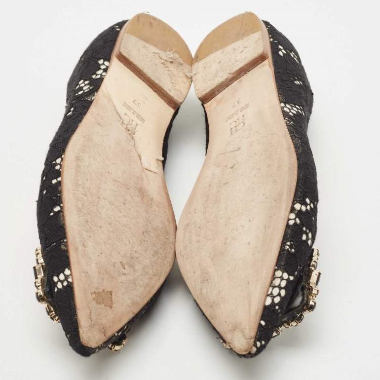Pre Owned CH Carolina Herrera Black Lace Crystal Embellished Buckle Ballet Flats Size 37