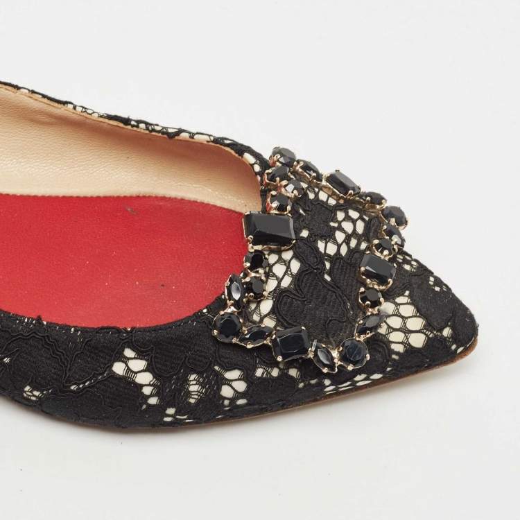 Pre Owned CH Carolina Herrera Black Lace Crystal Embellished Buckle Ballet Flats Size 37