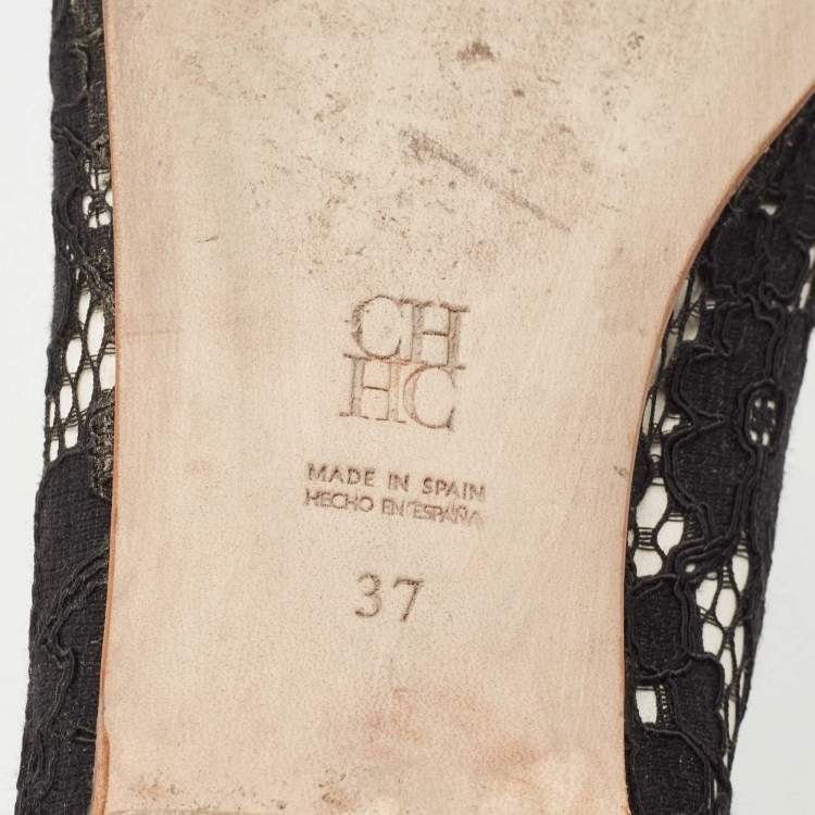 Pre Owned CH Carolina Herrera Black Lace Crystal Embellished Buckle Ballet Flats Size 37