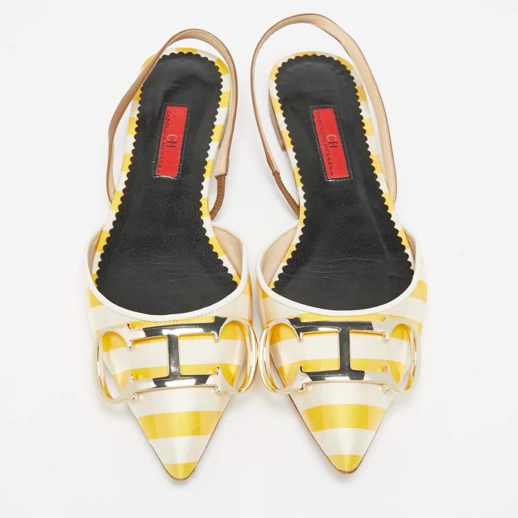 Pre Owned CH Carolina Herrera Yellow/White Satin and Leather Slingback Flat Sandals Size 37