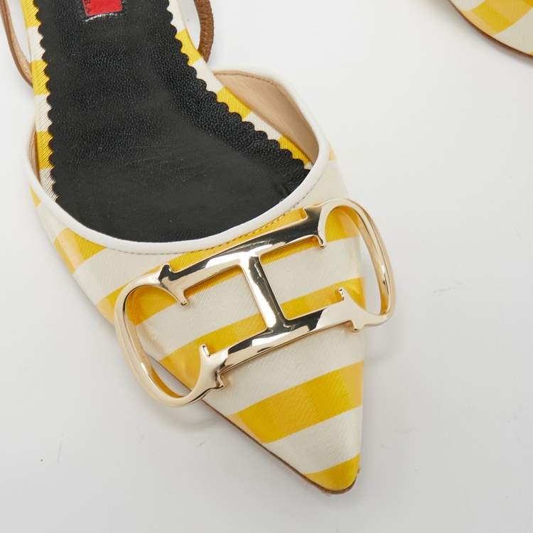 Pre Owned CH Carolina Herrera Yellow/White Satin and Leather Slingback Flat Sandals Size 37
