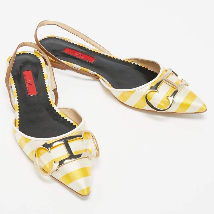 Pre Owned CH Carolina Herrera Yellow/White Satin and Leather Slingback Flat Sandals Size 37