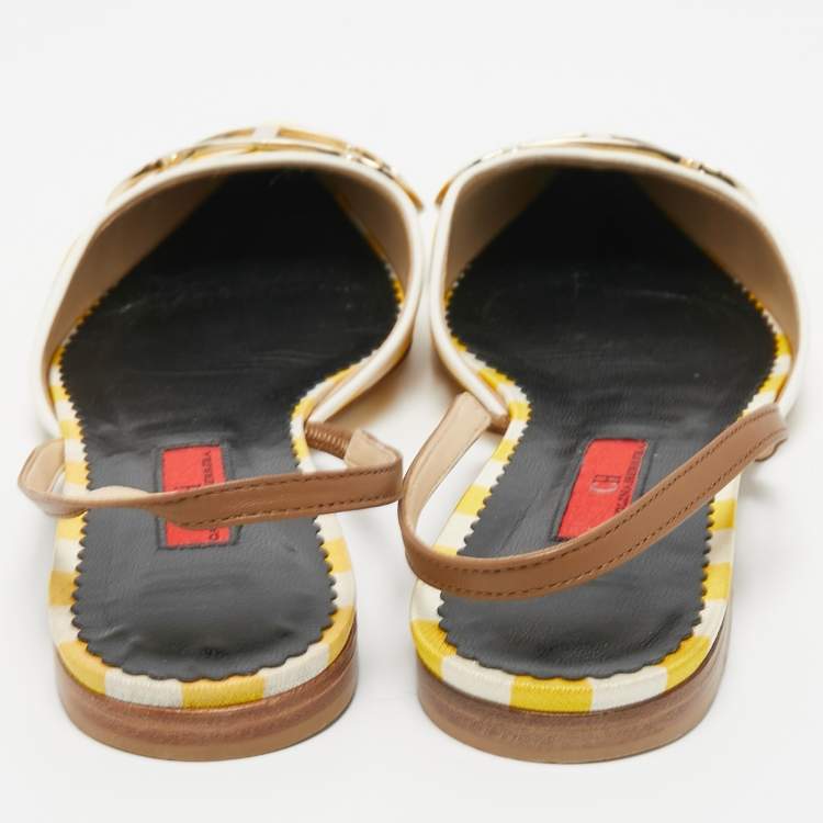 Pre Owned CH Carolina Herrera Yellow/White Satin and Leather Slingback Flat Sandals Size 37
