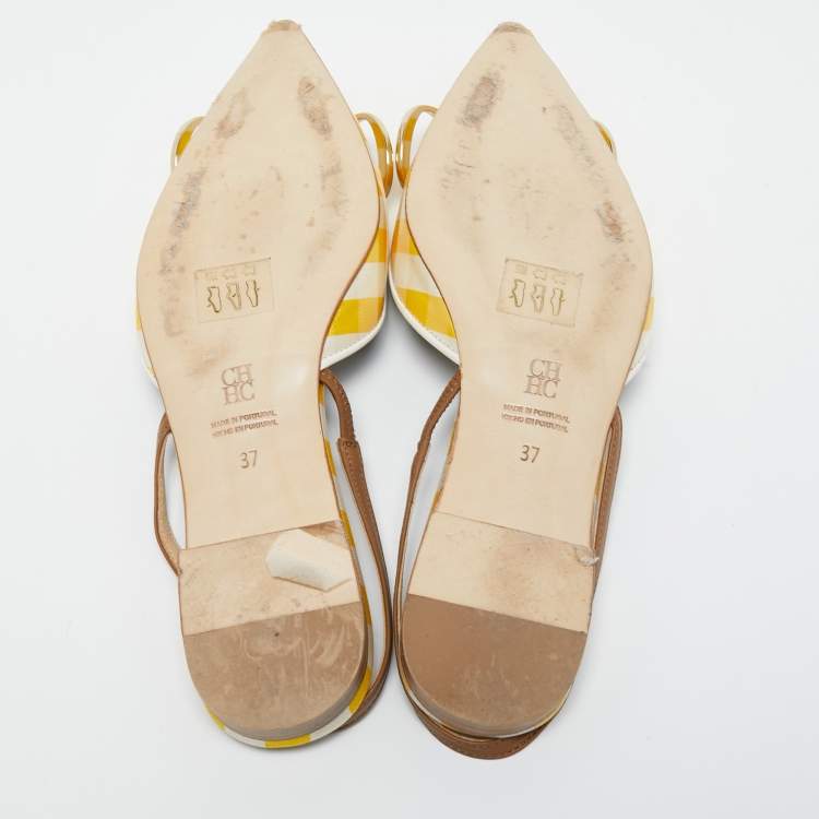 Pre Owned CH Carolina Herrera Yellow/White Satin and Leather Slingback Flat Sandals Size 37