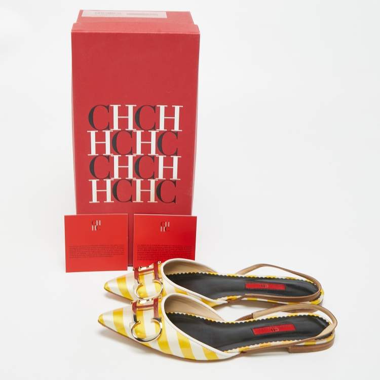 Pre Owned CH Carolina Herrera Yellow/White Satin and Leather Slingback Flat Sandals Size 37