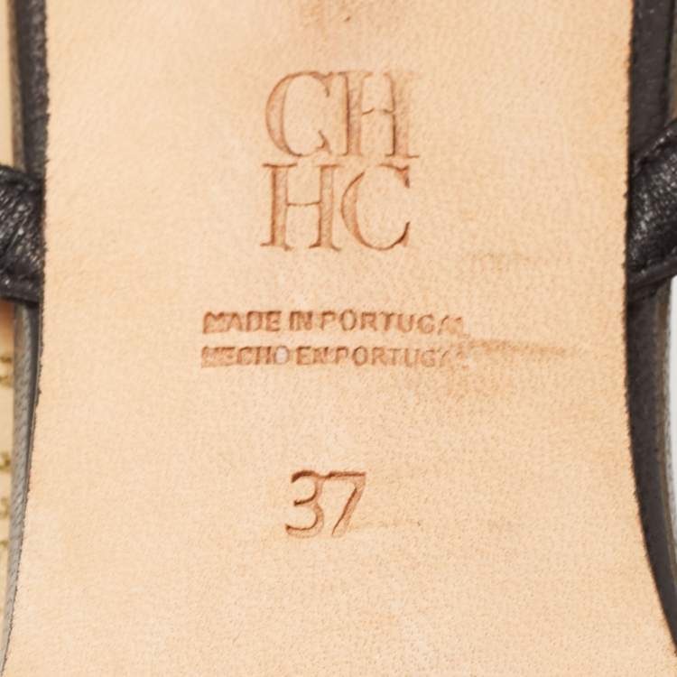 Pre Owned CH Carolina Herrera Black Leather and Patent CH Logo Bow Slingback Pumps Size 37