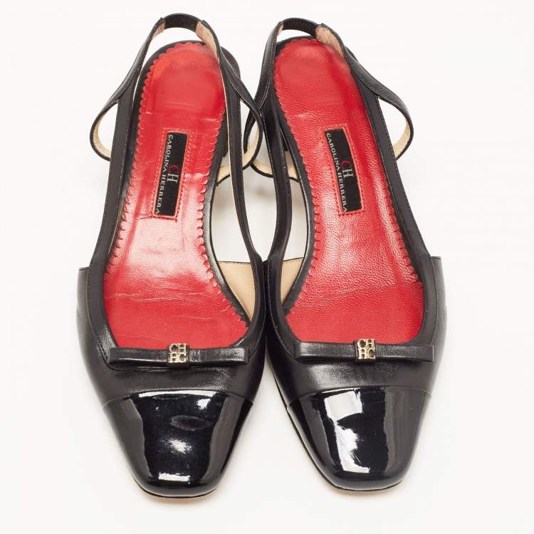 Pre Owned CH Carolina Herrera Black Leather and Patent CH Logo Bow Slingback Pumps Size 37