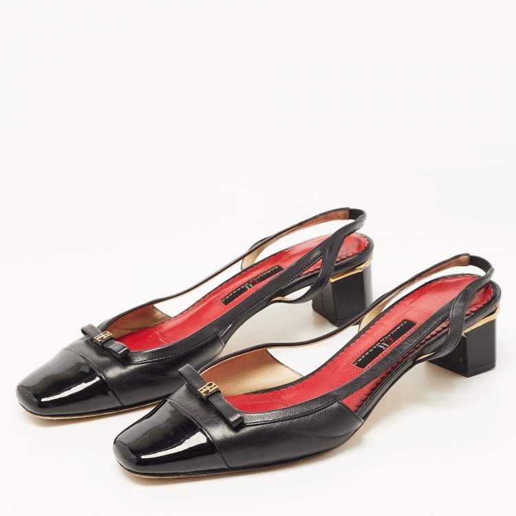 Pre Owned CH Carolina Herrera Black Leather and Patent CH Logo Bow Slingback Pumps Size 37