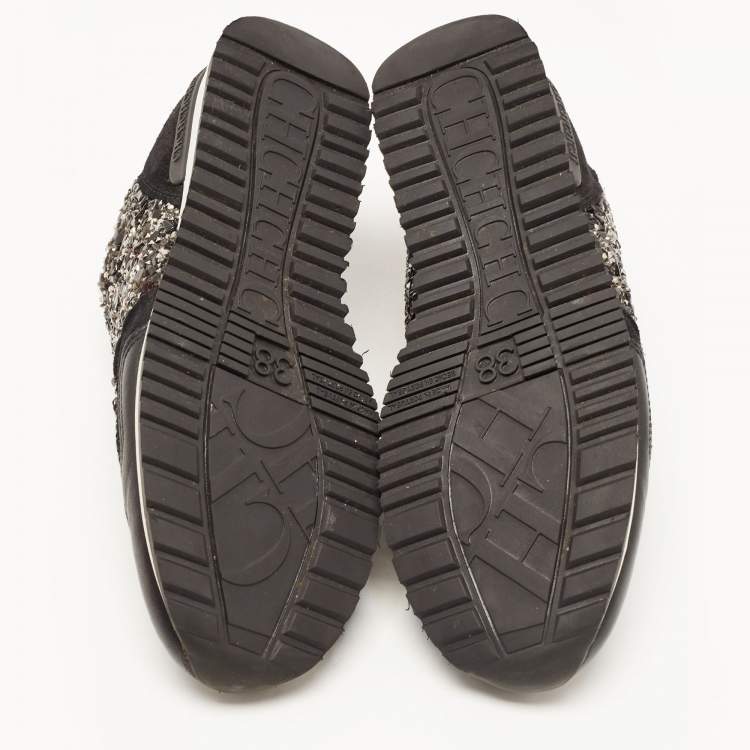 Pre Owned CH Carolina Herrera Black Suede and Leather Embellished Low Top Sneakers Size 38