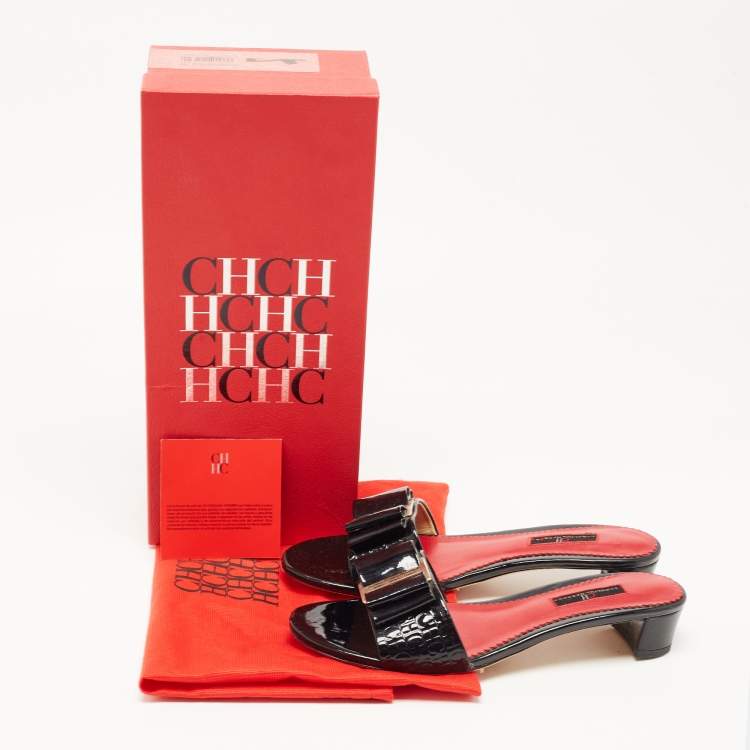 Pre Owned CH Carolina Herrera Black Patent Leather Bow Slide Sandals Size 38