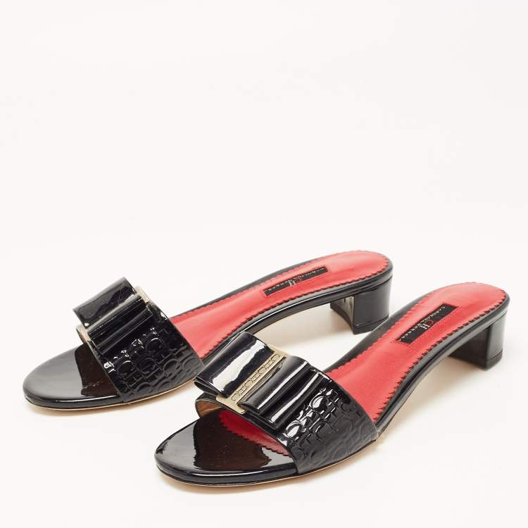 Pre Owned CH Carolina Herrera Black Patent Leather Bow Slide Sandals Size 38